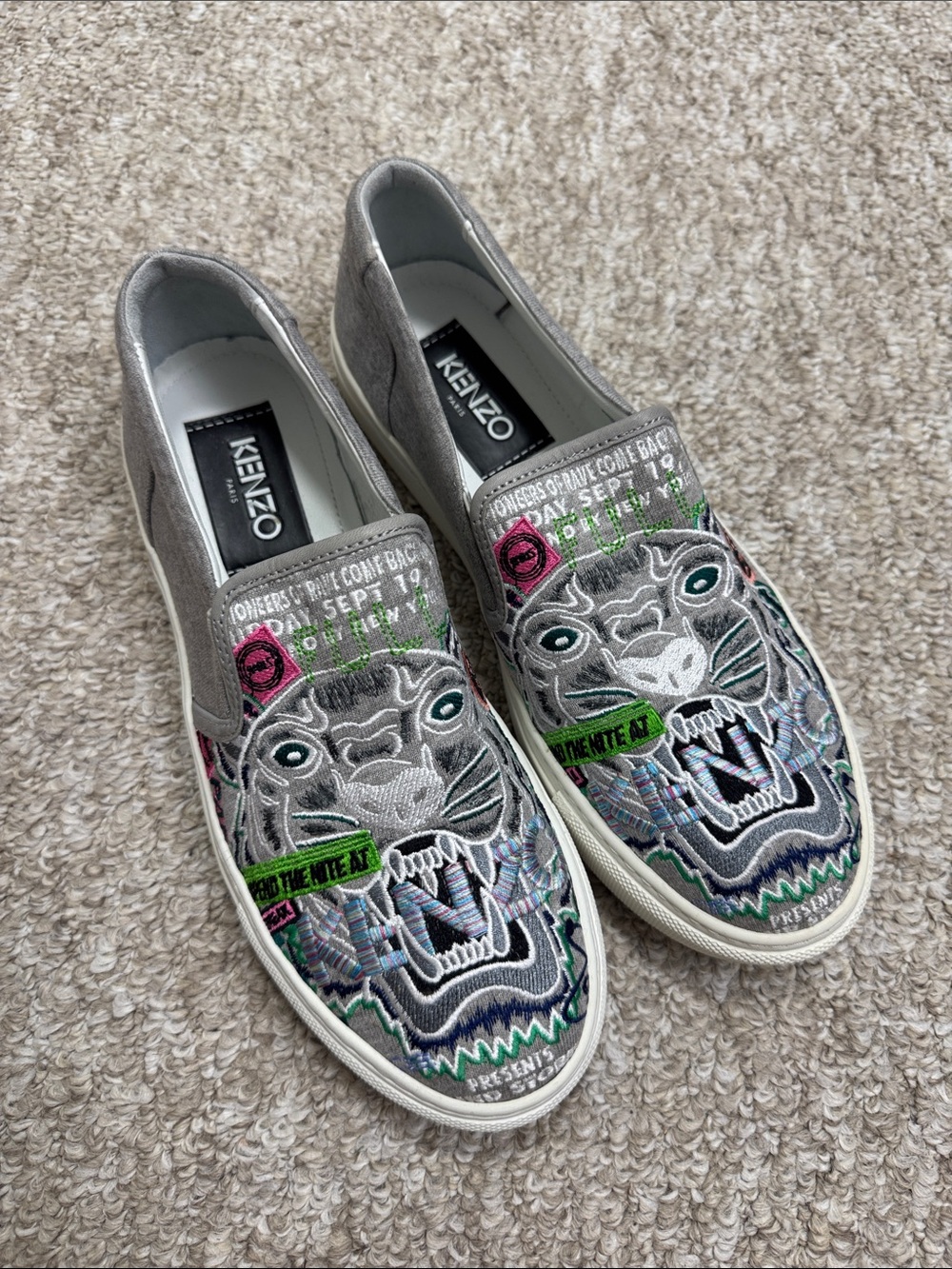 Kenzo limited edition Metallic Silver Tiger Embroidered Slip-On Sneakers